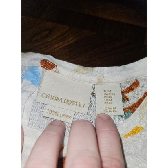 CYNTHIA ROWLEY Botanical Print Button Back 100% Linen Slub Knit Top Sz M - Picture 3 of 5